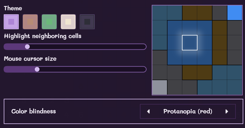 Pastimes accessibility settings with color blindness options